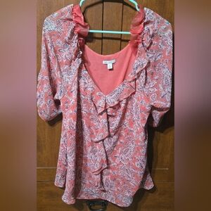 Cato Coral Paisley Ruffle Blouse